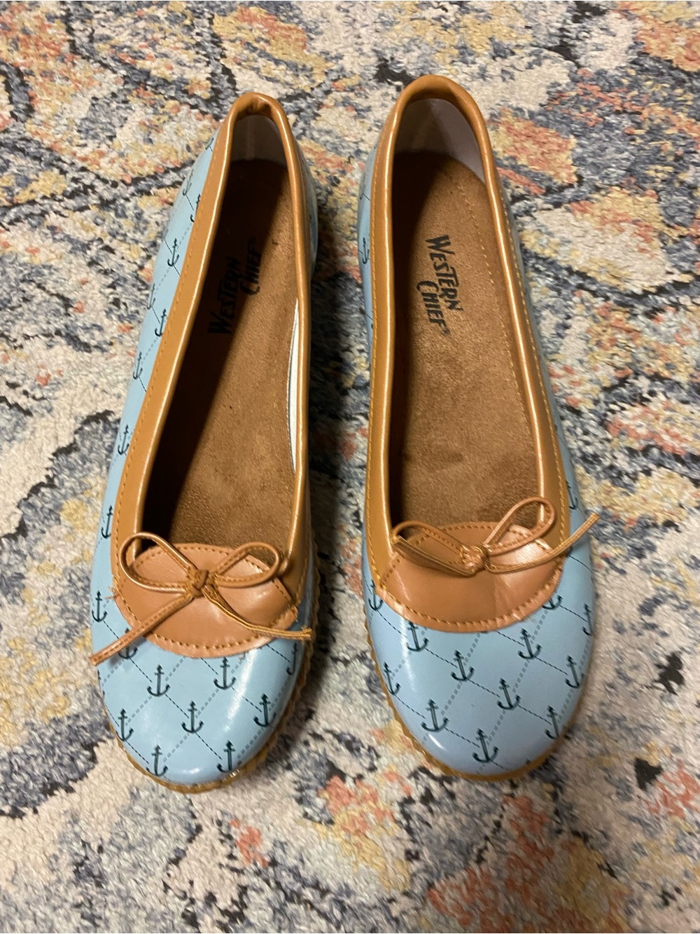 Western Chief Light Blue Anchor Ballet Flats with Tan Trim